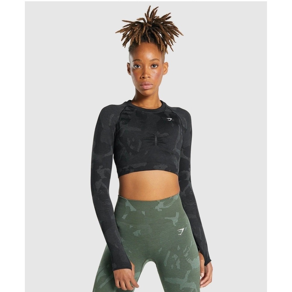 Gymshark Adapt Camo Seamless Long Sleeve Crop Top Black Ruched Cutout Small